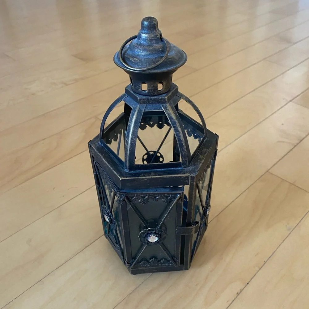 Vintage Candle Holder Black and Gold Lantern With Embellishment